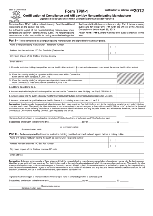 Fillable Form Tpm-1 - Certification Of Compliance And Affidavit By Nonparticipating Manufacturer - 2012 Printable pdf