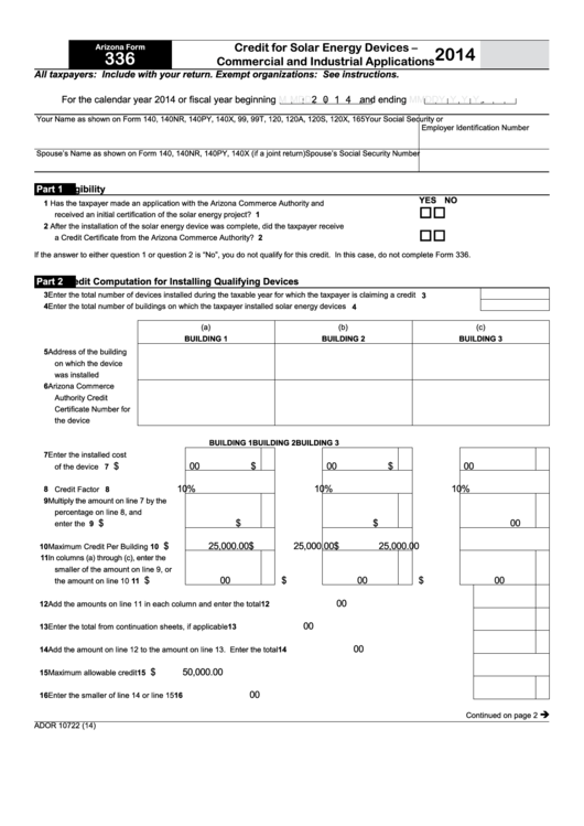 Fillable Form 336 - Arizona Credit For Solar Energy Devices Commercial And Industrial Applications - 2014 Printable pdf