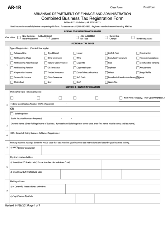 Form Ar-1r - Combined Business Tax Registration Form