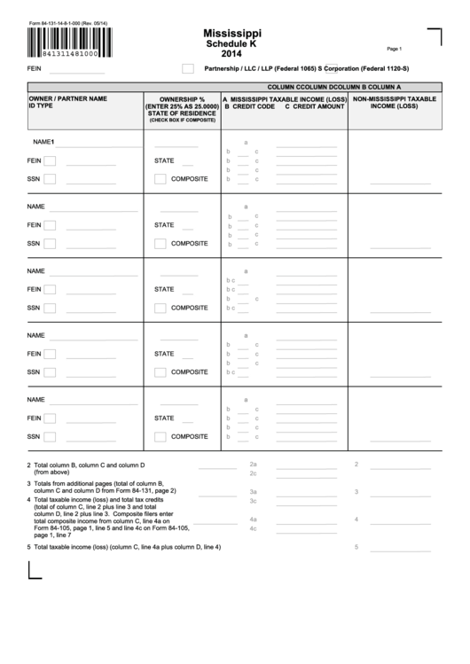 Fillable Form 84-131-14-8-1-000 - Mississippi Schedule K - 2014 Printable pdf