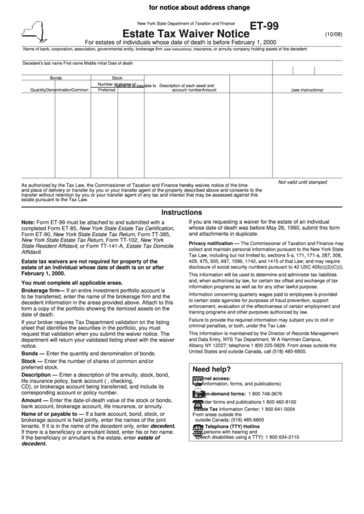 Form Et-99 - New York Estate Tax Waiver Notice Printable pdf
