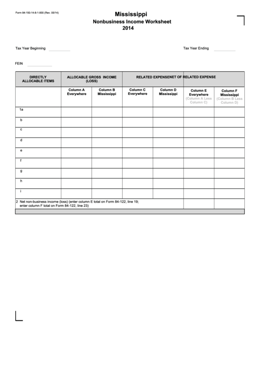Fillable Form 84-150-14-8-1-000 - Mississippi Nonbusiness Income Worksheet - 2014 Printable pdf