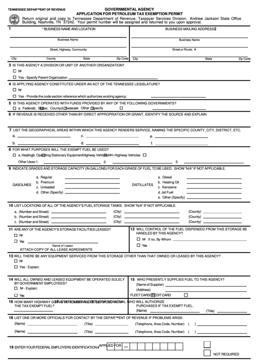 Form Rv-F1403001 - Governmental Agency Application For Petroleum Tax Exemption Permit Printable pdf