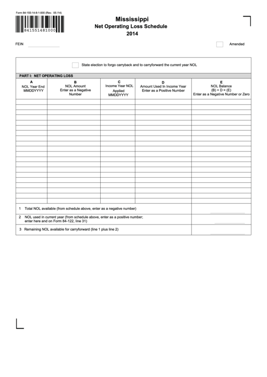 Fillable Form 84-155-14-8-1-000 - Mississippi Net Operating Loss Schedule - 2014 Printable pdf