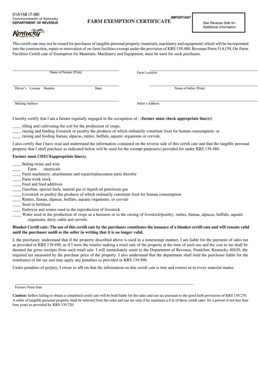 Form 51a158 - Farm Exemption Certificate Printable pdf