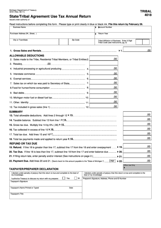 Fillable Form 4018 - State/tribal Agreement Use Tax Annual Return Printable pdf