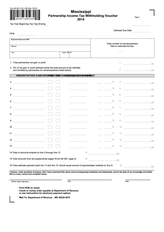 Fillable Form 84-387-14-8-1-000 - Mississippi Partnership Income Tax Withholding Voucher - 2014 Printable pdf