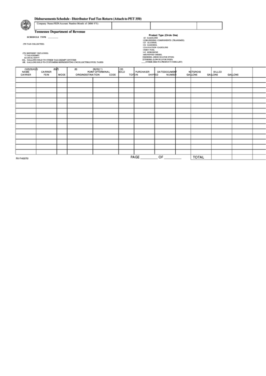 Fillable Disbursements Schedule - Distributor Fuel Tax Return - Tennessee Department Of Revenue Printable pdf