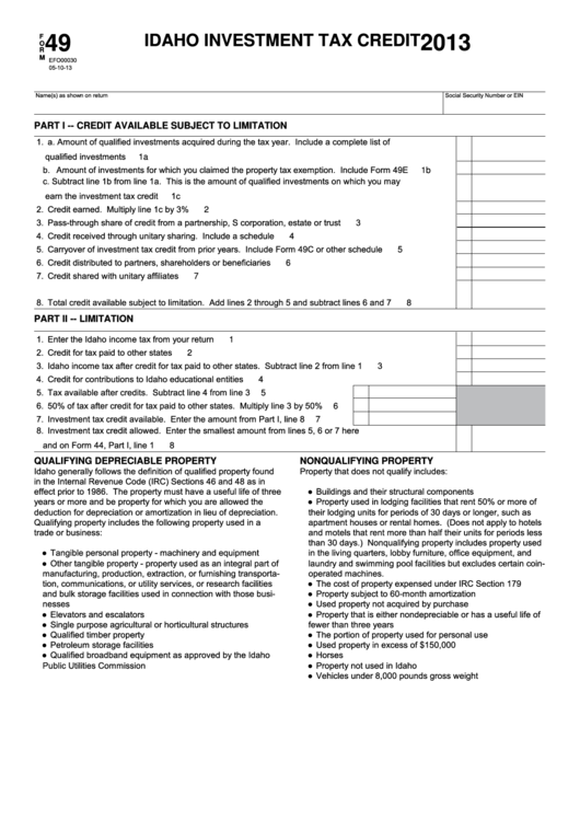 Fillable Form 49 - Idaho Investment Tax Credit - 2013 Printable pdf