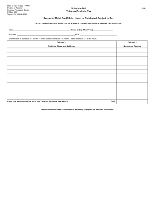 Fillable Schedule D-1 - Tobacco Products Tax Printable pdf