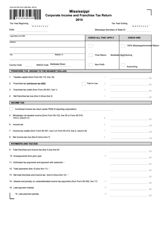 Fillable Form 83-105-14-8-1-000 - Mississippi Corporate Income And Franchise Tax Return - 2014 Printable pdf