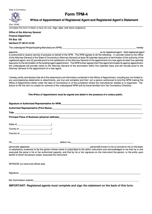 Form Tpm-4 - Notice Of Appointment Of Registered Agent And Registered Agent