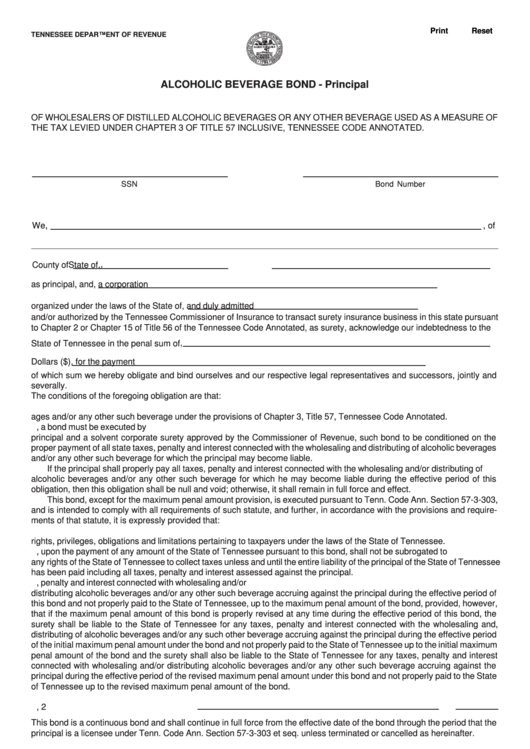 Fillable Form Rv-F1320801 - Alcoholic Beverage Bond - Principal - Tennessee Department Of Revenue Printable pdf
