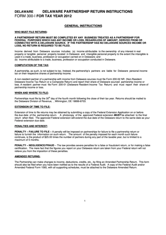 Instructions For Delaware Form 300-I - 2012 Printable pdf