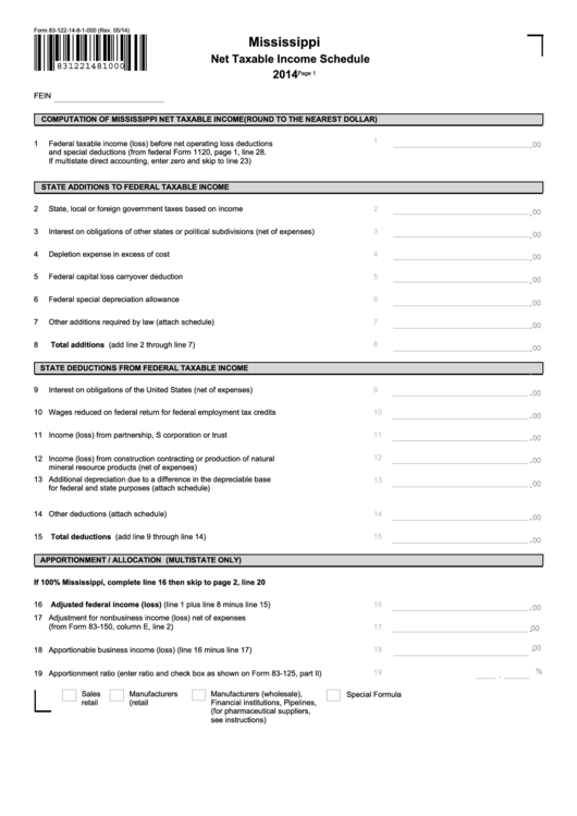 Fillable Form 83-122-14-8-1-000 - Mississippi Net Taxable Income Schedule - 2014 Printable pdf