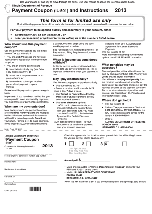 Fillable Form Il-501 - Payment Coupon - 2013 Printable pdf