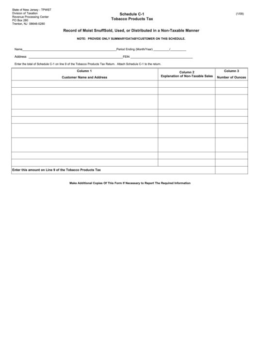 Fillable Schedule C-1 - Tobacco Products Tax - Record Of Moist Snuff Sold, Used, Or Distributed In A Non-Taxable Manner Printable pdf