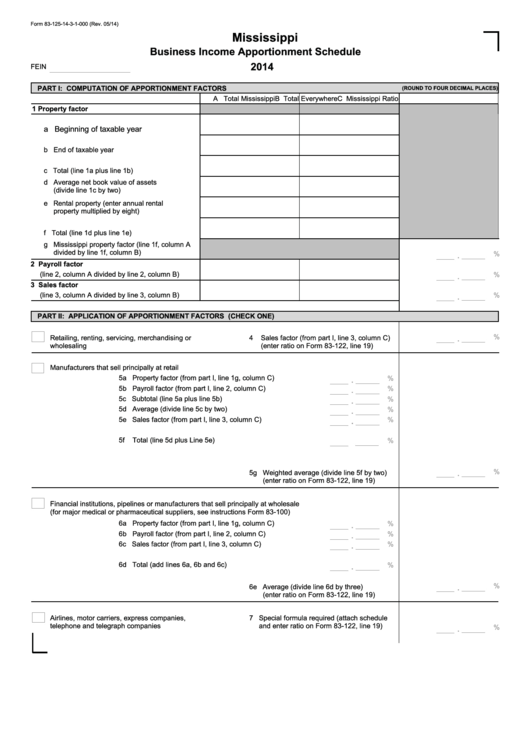 Fillable Form 83-125-14-3-1-000 - Mississippi Business Income Apportionment Schedule - 2014 Printable pdf