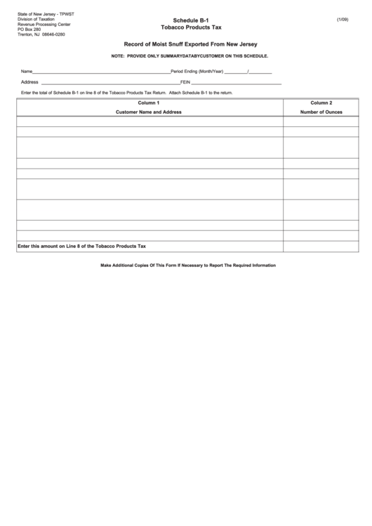 Fillable Schedule B-1 - Tobacco Products Tax - Record Of Moist Snuff Exported From New Jersey Printable pdf