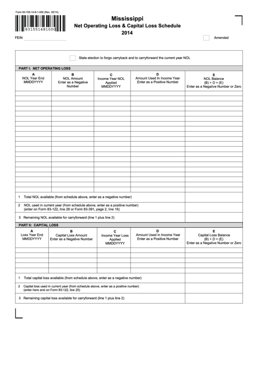 Fillable Form 83-155-14-8-1-000 - Mississippi Net Operating Loss & Capital Loss Schedule - 2014 Printable pdf