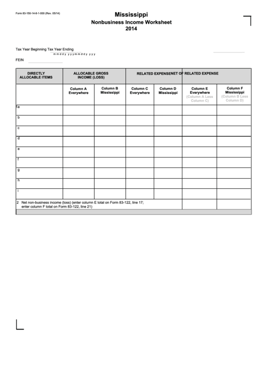 Fillable Form 83-150-14-8-1-000 - Mississippi Nonbusiness Income Worksheet - 2014 Printable pdf