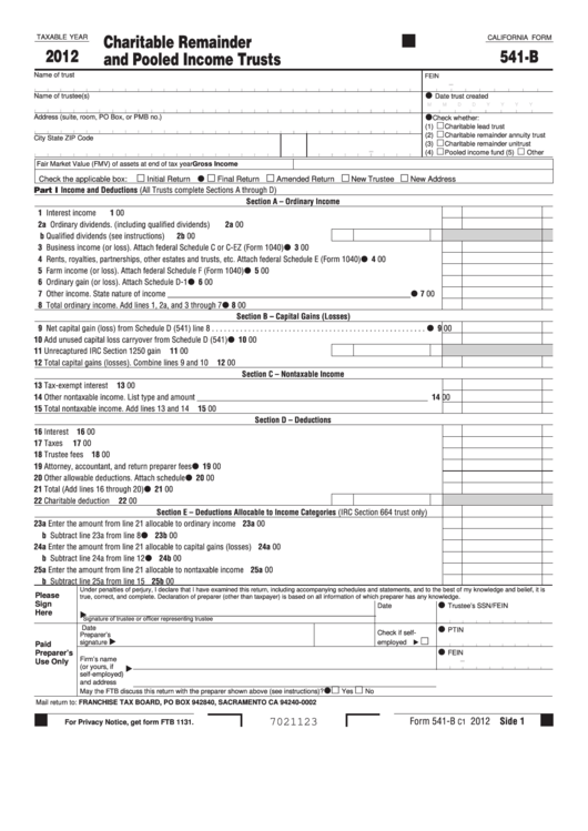 Fillable California Form 541-B - Charitable Remainder And Pooled Income Trusts - 2012 Printable pdf