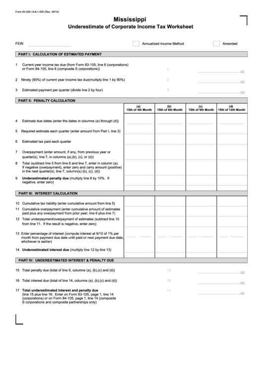 Fillable Form 83-305-14-8-1-000 - Mississippi Underestimate Of Corporate Income Tax Worksheet Printable pdf