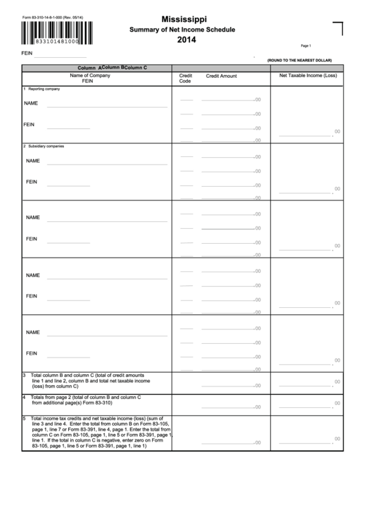 Fillable Form 83-310-14-8-1-000 - Mississippi Summary Of Net Income Schedule - 2014 Printable pdf