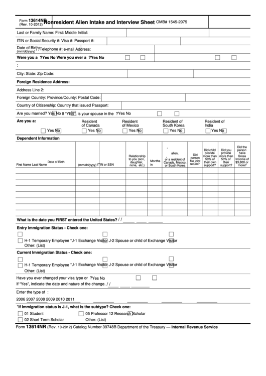 Fillable Form 13614nr - Nonresident Alien Intake And Interview Sheet Printable pdf