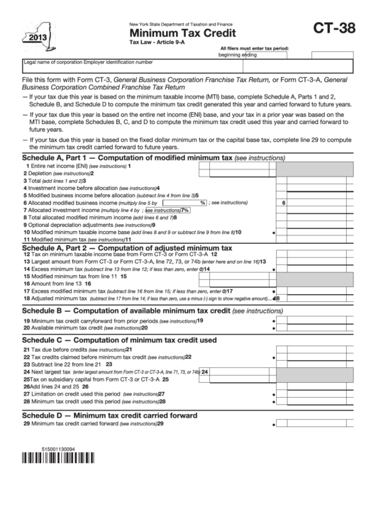 Fillable Form Ct-38 - Minimum Tax Credit - 2013 Printable pdf
