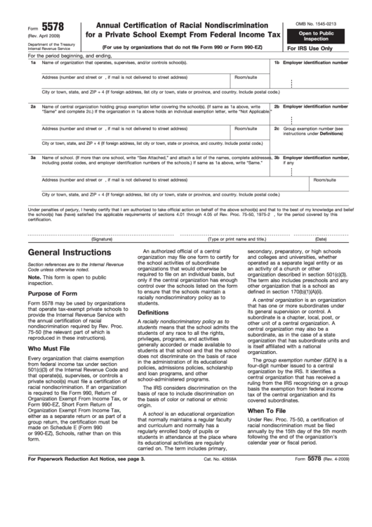 Fillable Form 5578 - Annual Certification Of Racial Nondiscrimination For A Private School Exempt From Federal Income Tax Printable pdf