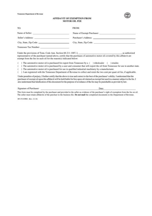 Form Rv-F1319901 - Affidavit Of Exemption From Motor Oil Fee Printable pdf