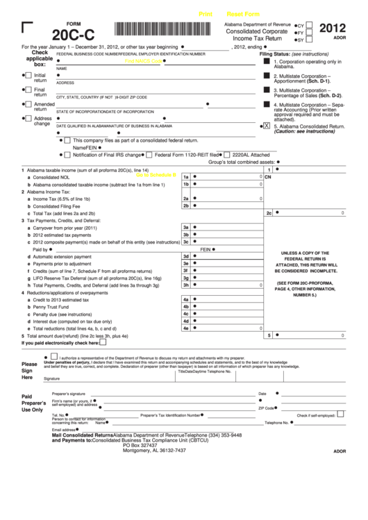 Fillable Form 20c-C - Consolidated Corporate Income Tax Return - 2012 Printable pdf