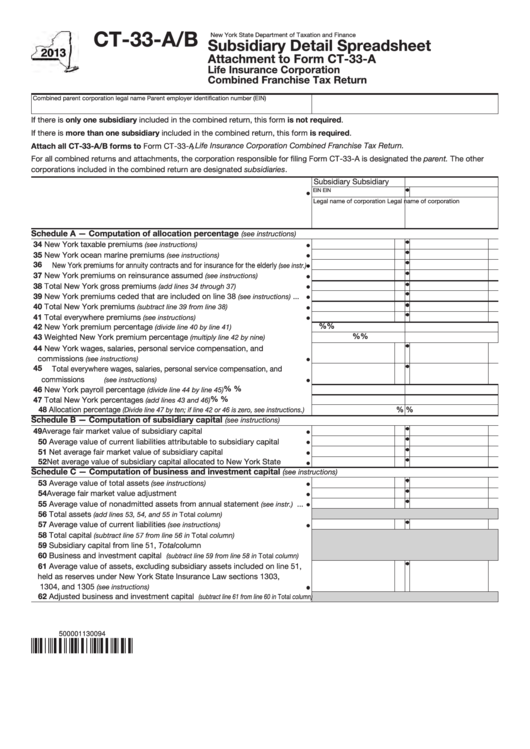 Fillable Form Ct-33-A/b - Subsidiary Detail Spreadsheet - 2013 Printable pdf