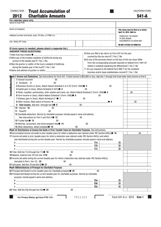 Fillable California Form 541-A - Trust Accumulation Of Charitable Amounts - 2012 Printable pdf