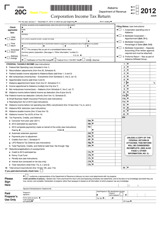 Fillable Form 20c - Corporation Income Tax Return - 2012 Printable pdf
