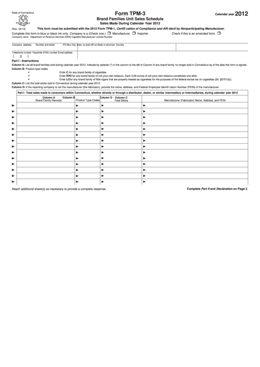 Form Tpm-3 - Brand Families Unit Sales Schedule - 2012 Printable pdf