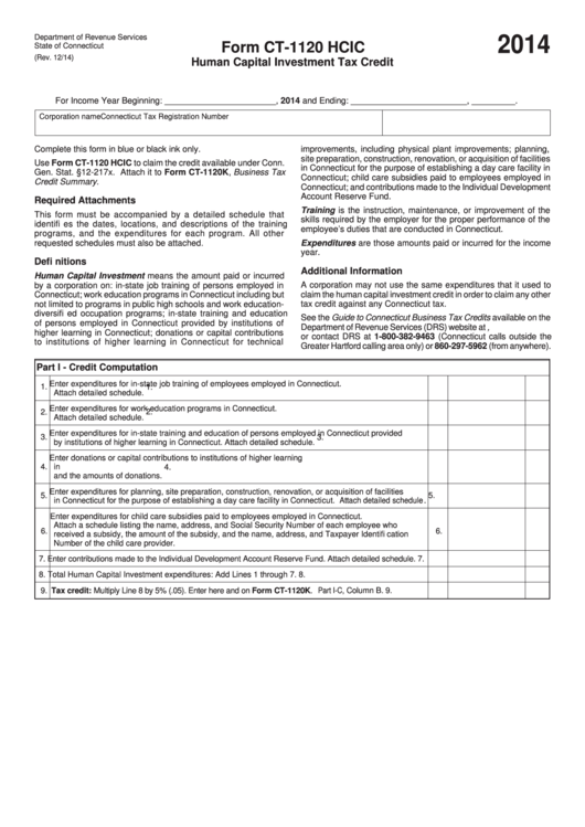 Form Ct-1120 Hcic - Connecticut Human Capital Investment Tax Credit - 2014 Printable pdf