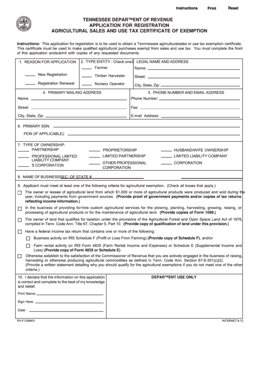 Fillable Form Rv-F1308401 - Application For Registration Agricultural Sales And Use Tax Certificate Of Exemption Printable pdf