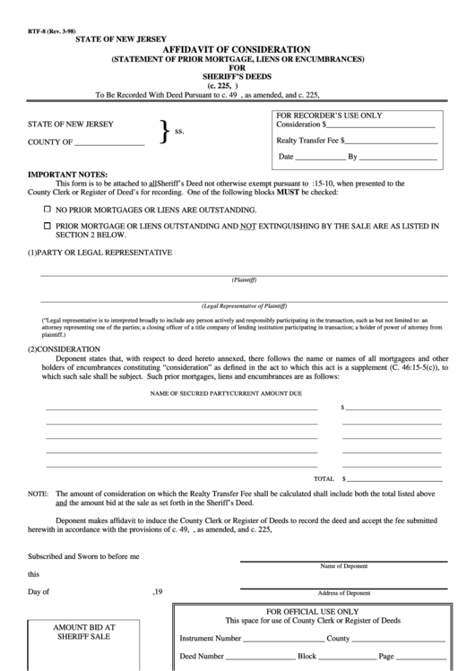 Fillable Form Rtf-8 - Affidavit Of Consideration For Sheriff