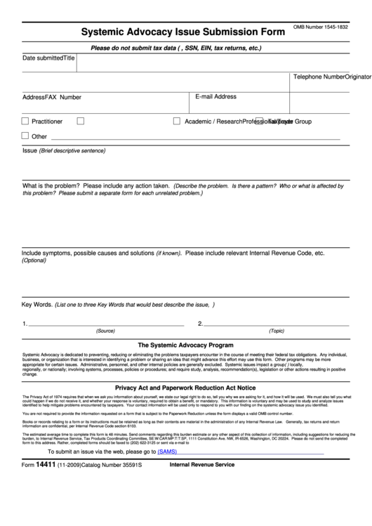 Fillable Form 14411 - Systemic Advocacy Issue Submission Form Printable pdf
