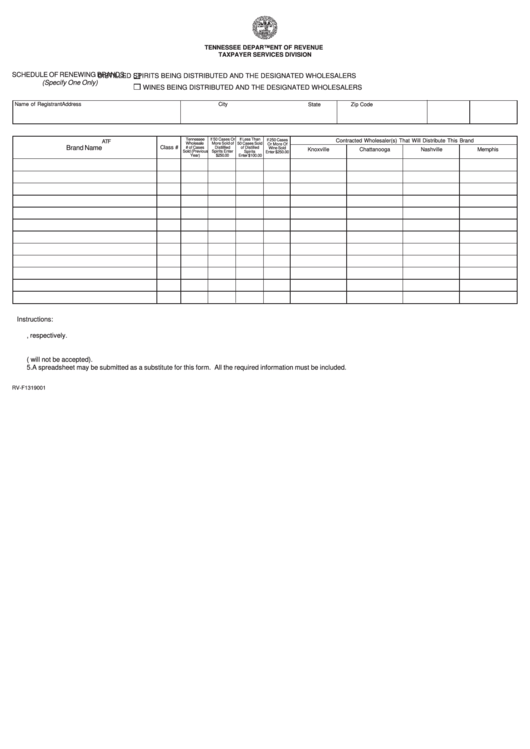 Schedule Of Renewing Brands (Form Rv-F1319001) - Distilled Spirits Being Distributed And The Designated Wholesalers, Wines Being Distributed And The Designated Wholesalers Printable pdf