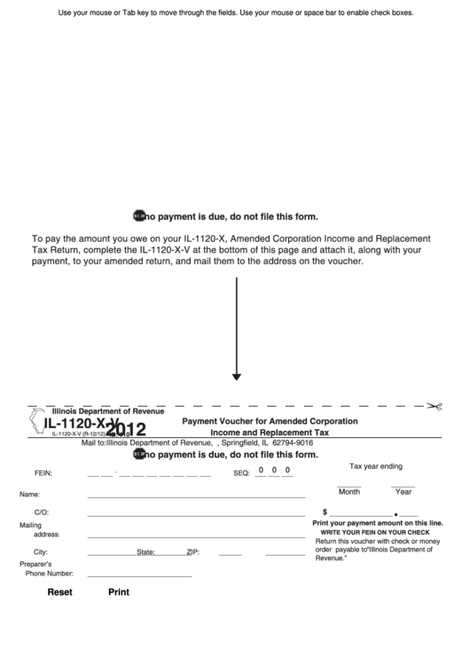Fillable Form Il-1120-X-V - Payment Voucher For Amended Corp - 2012 Printable pdf