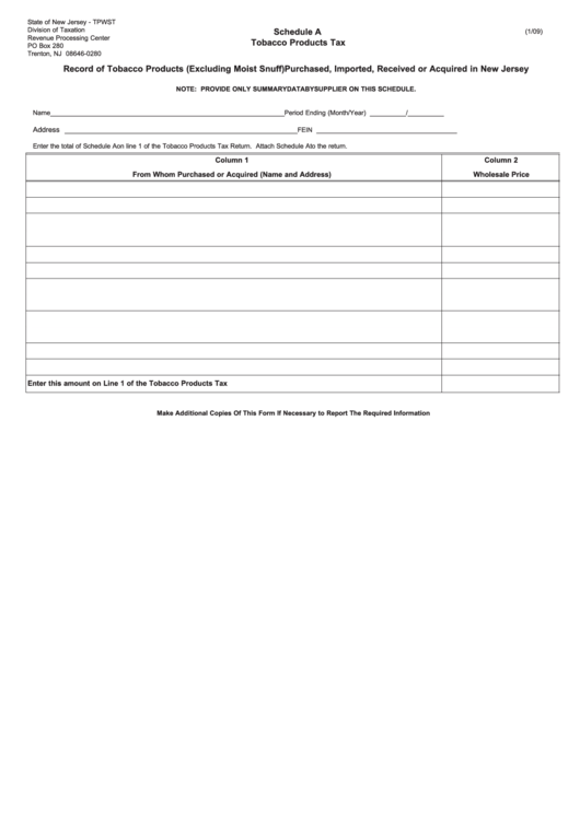 Fillable Schedule A - Tobacco Products Tax - Record Of Tobacco Products (Excluding Moist Snuff) Purchased, Imported, Received Or Acquired In New Jersey Printable pdf