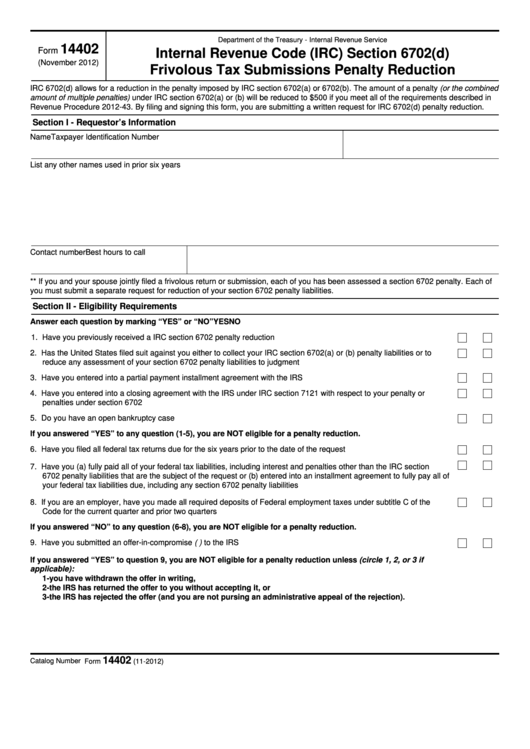Fillable Form 14402 - Internal Revenue Code (Irc) Section 6702(D) Frivolous Tax Submissions Penalty Reduction Printable pdf