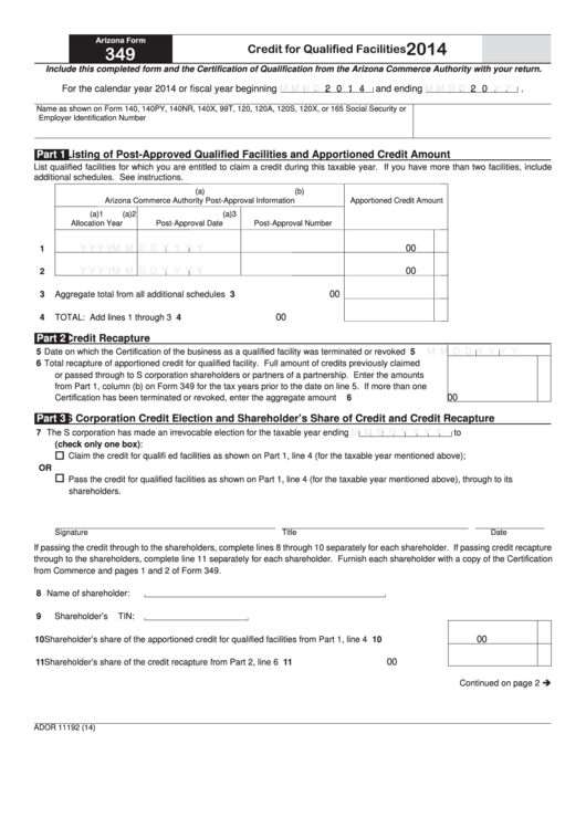 Fillable Form 349 - Arizona Credit For Qualified Facilities - 2014 Printable pdf
