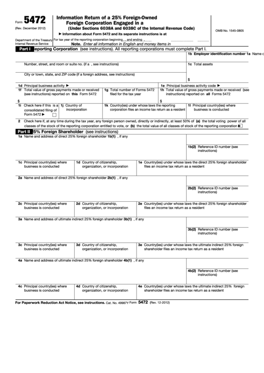 Fillable Form 5472 - Information Return Of A 25% Foreign-Owned U.s