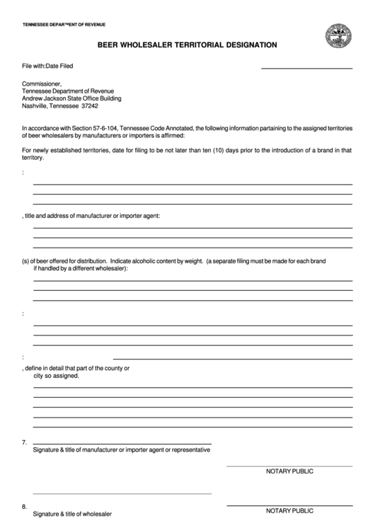 Form Rv-F1307301 - Beer Wholesaler Territorial Designation Printable pdf