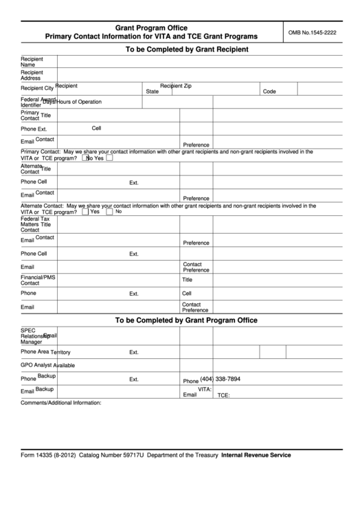 Fillable Form 14335 - Grant Program Office Primary Contact Information For Vita And Tce Grant Programs Printable pdf