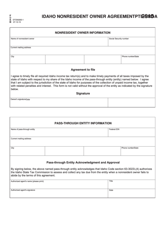 Form Pte-Nroa - Idaho Nonresident Owner Agreement - 2015 Printable pdf